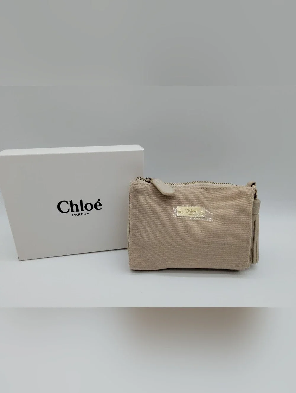 CHLOÉ Parfum Canvas Tassel Cosmetic Pouch Beige Beauty Makeup Bag NIB NWT